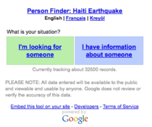 Google Person Finder from the Haiti Earthquake